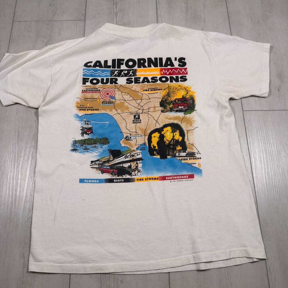 1994 California's Four Seasons Vintage Shirt Mens Large White Floods Riots Fires